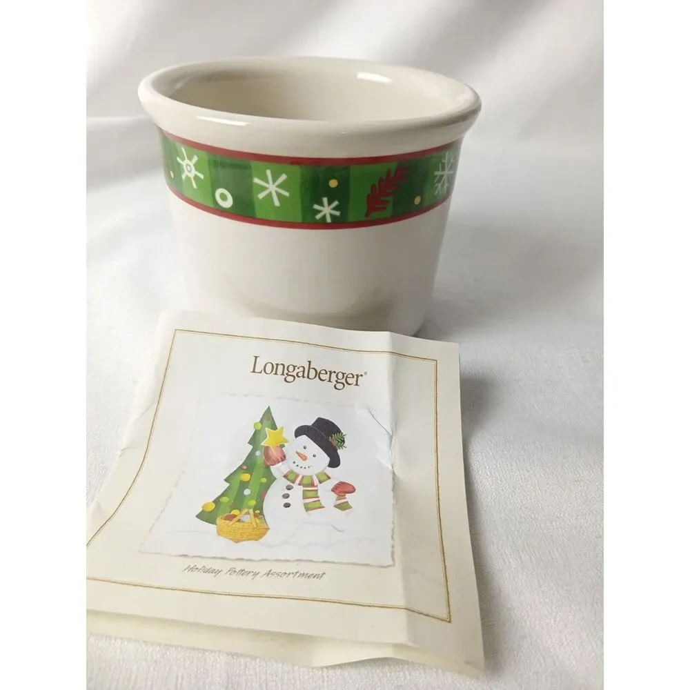Longaberger Holiday Pottery Christmas Snowflake Crock Planter Bowl Green Red